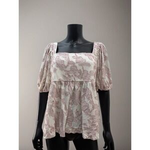 Maeve Anthropologie Floral Textured Babydoll Top‎ Pink Cream Size XL